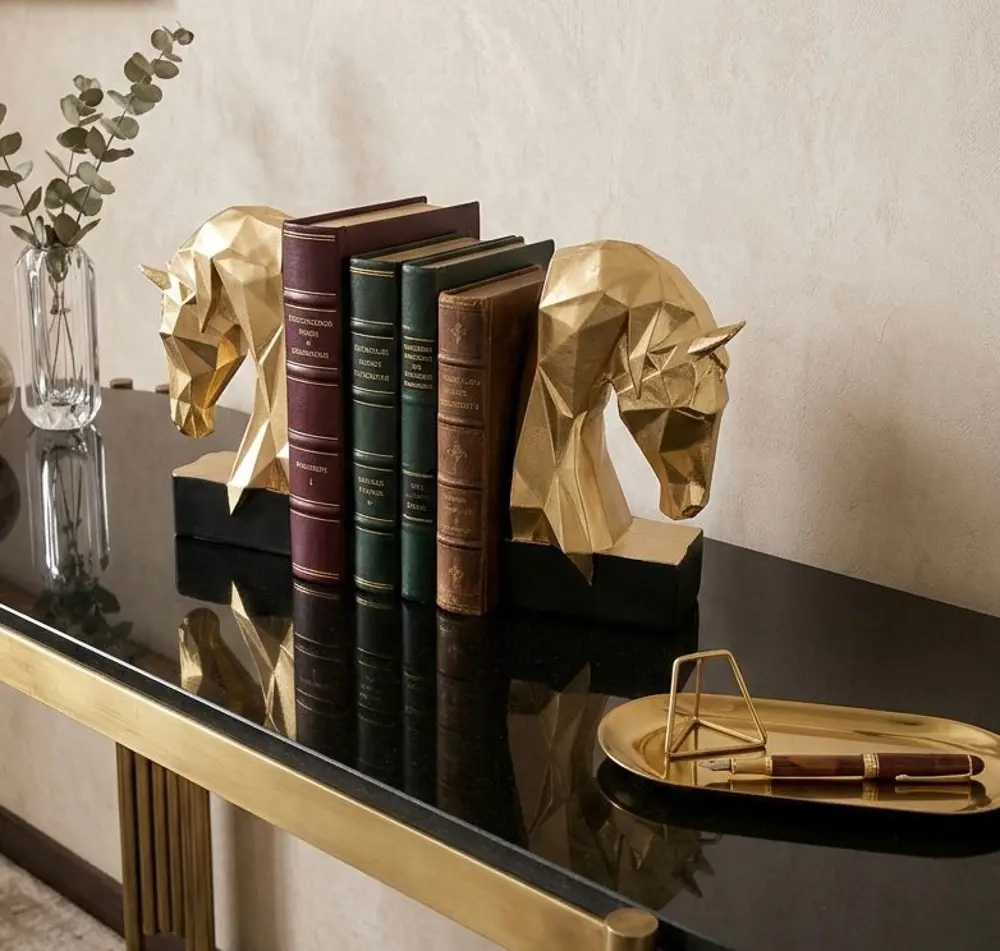 Dekoratif Kitap Tutucu Kübik At Figürlü Biblo 2 Li Gold Renkli (P