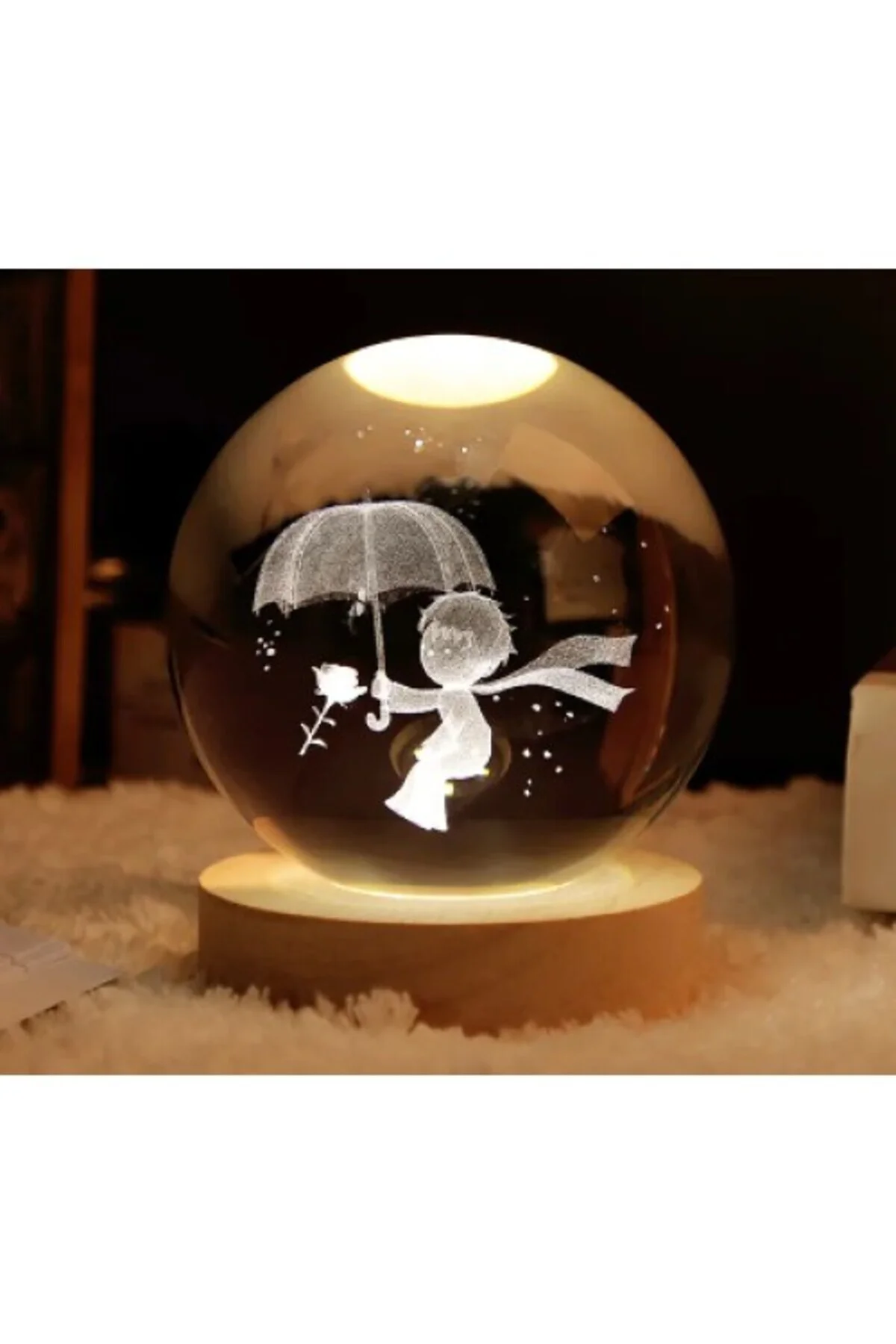 Dekoratif Küçük Prens Tasarımlı Ahşap Altlıklı Işıklı Cam Küre BÜ