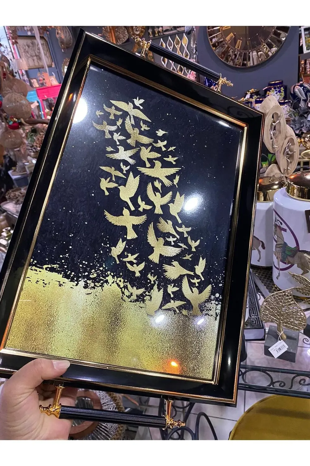 Dekoratif Kuşlu Lüks Ahşap Tepsi