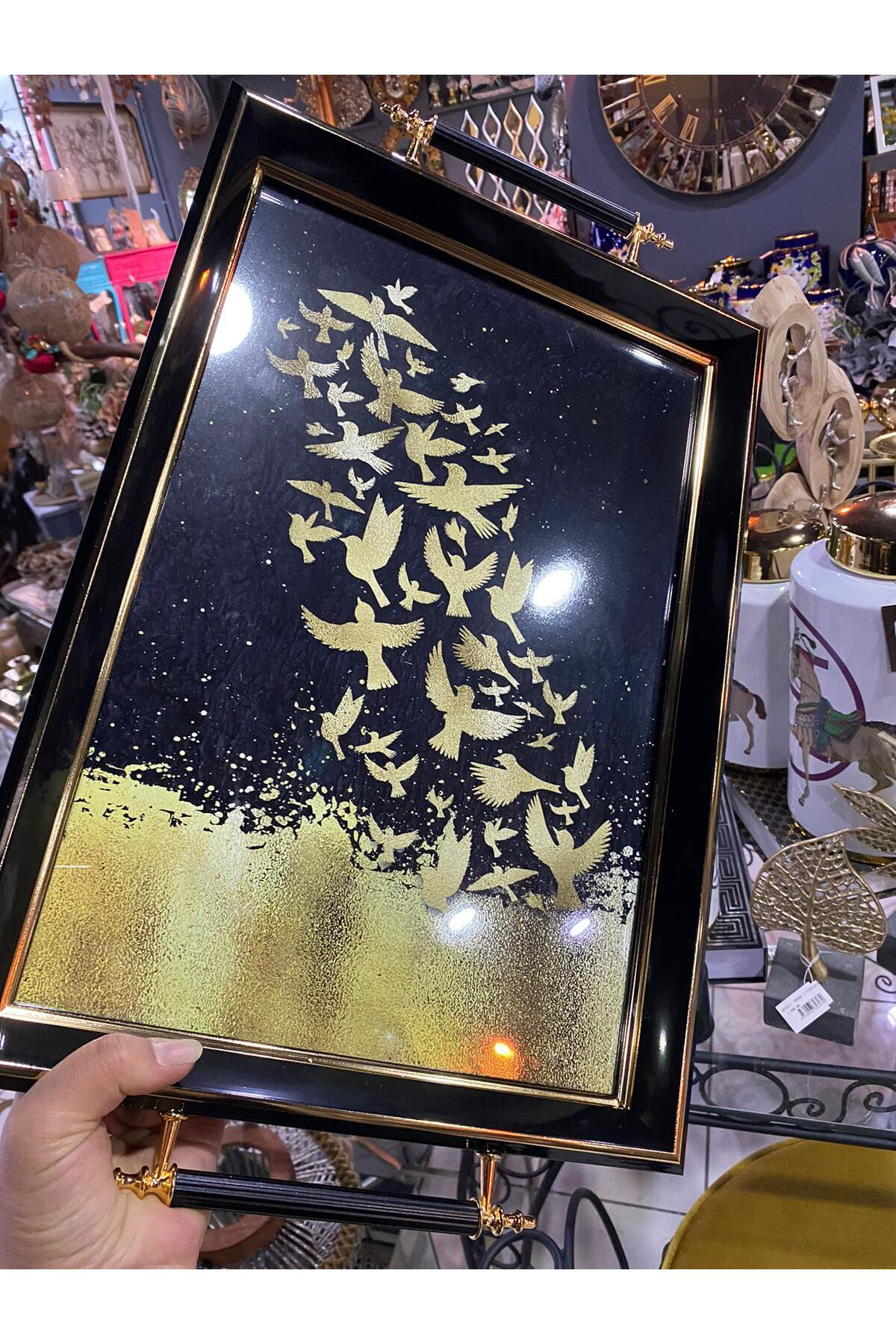 Elif Aksesuar Dekoratif Kuşlu Lüks Ahşap Tepsi