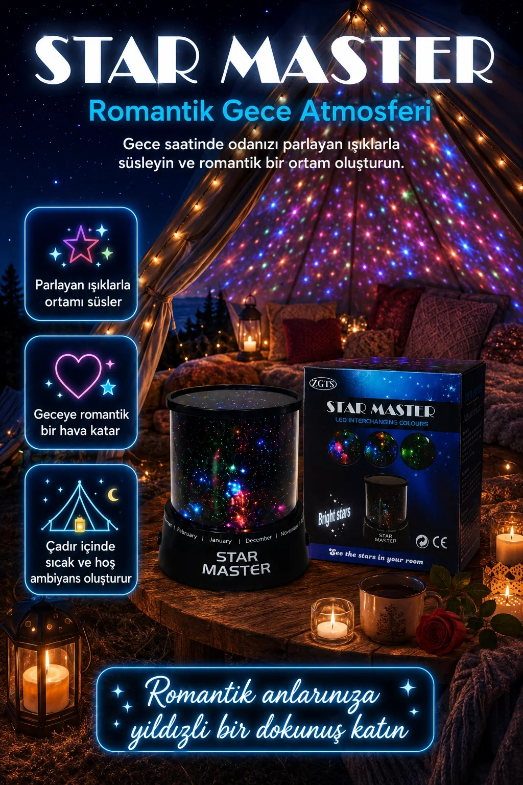 Dekoratif LED Yıldız Gece Lambası Renkli Işık Efektli Oda Atmosfer Projektörü Fiyatı, Yorumları ve Özellikleri