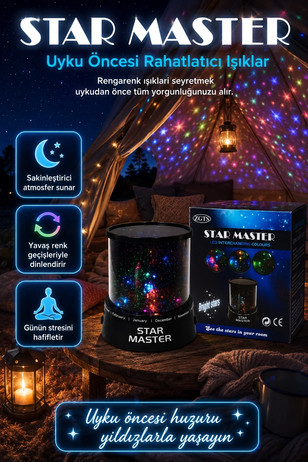 Dekoratif LED Yıldız Gece Lambası Renkli Işık Efektli Oda Atmosfer Projektörü Fiyatı, Yorumları ve Özellikleri