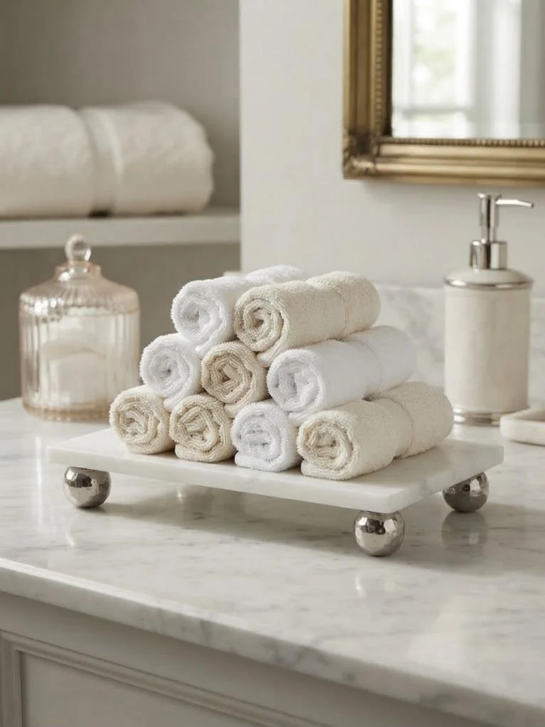 Dekoratif Mermer Organizer Banyo Sehpa Üstü Makyaj Organizeri Tepsi  Model Gümüş Renk Top Ayaklı Mermer Sunumluk 23*12 Cm - Görsel 5
