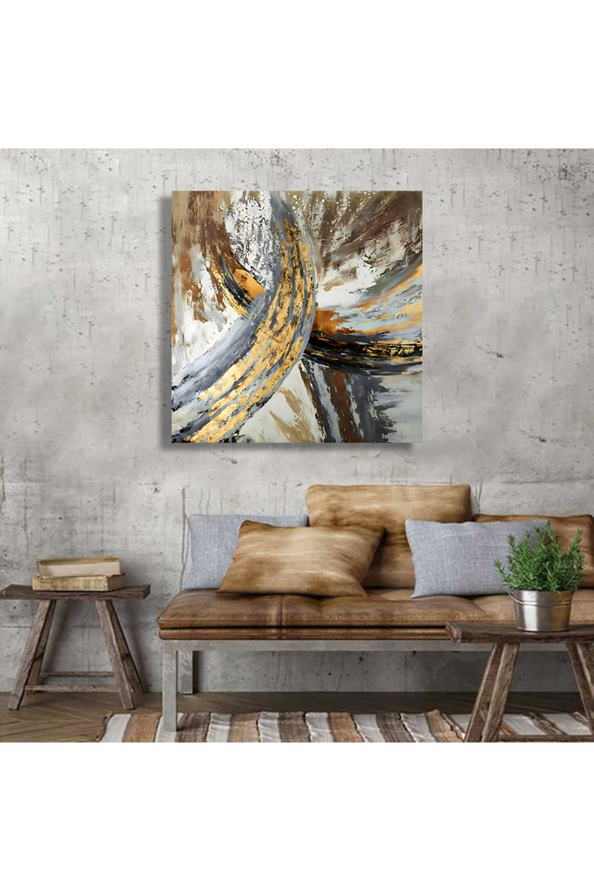 Korkmazkanvas Dekoratif Mermer Yolu Altın Desen. Kare Kanvas Tablo