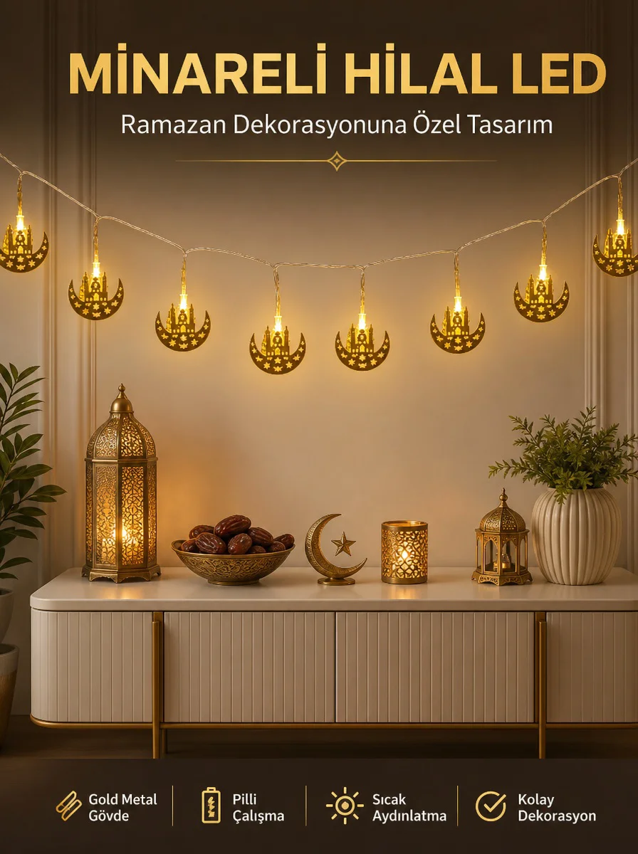 Dekoratif Minareli Hilal Led Işık Metal Gövdeli Ramazan Aydınlatma - Lisinya Diğer