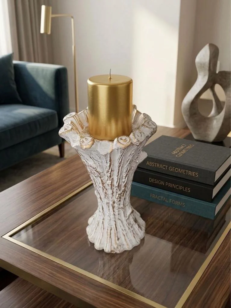 Dekoratif Mumluk Şamdan Beyaz Gold Silindir mumluk – Modern Seram
