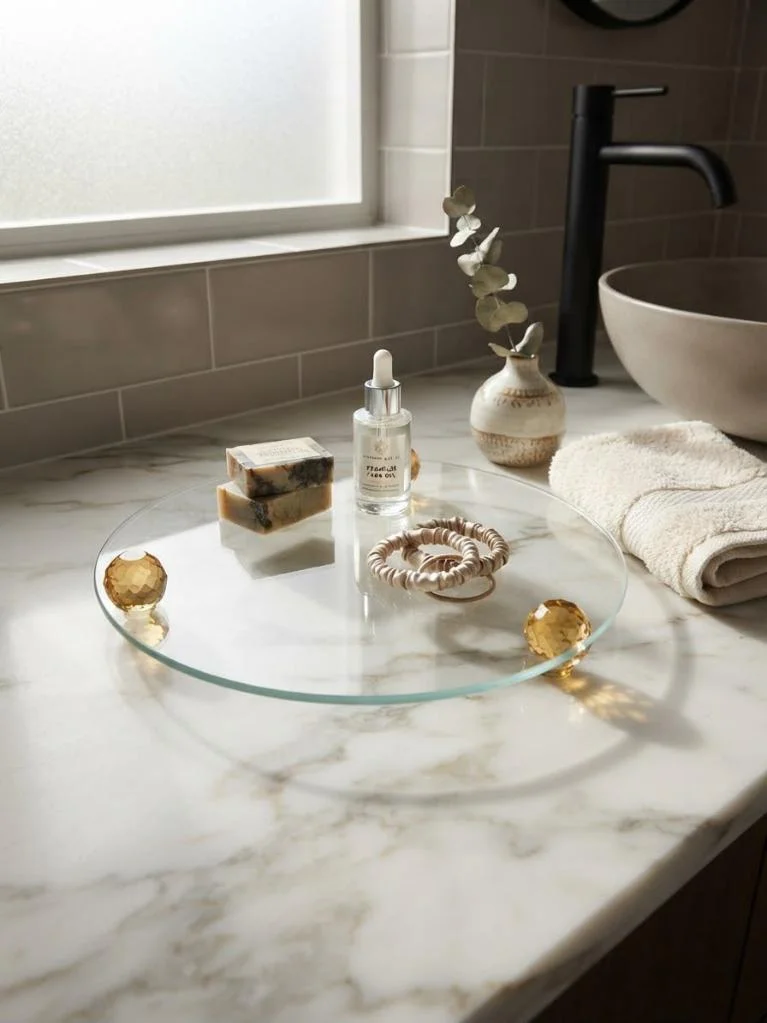 Dekoratif  Organizer Banyo Sehpa Üstü Makyaj Organizeri Tepsi  Model Gold Renk Top Ayaklı Sunumluk - Görsel 5