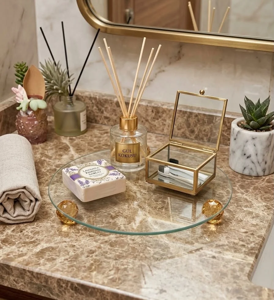 Dekoratif  Organizer Banyo Sehpa Üstü Makyaj Organizeri Tepsi  Model Gold Renk Top Ayaklı Sunumluk - Görsel 3