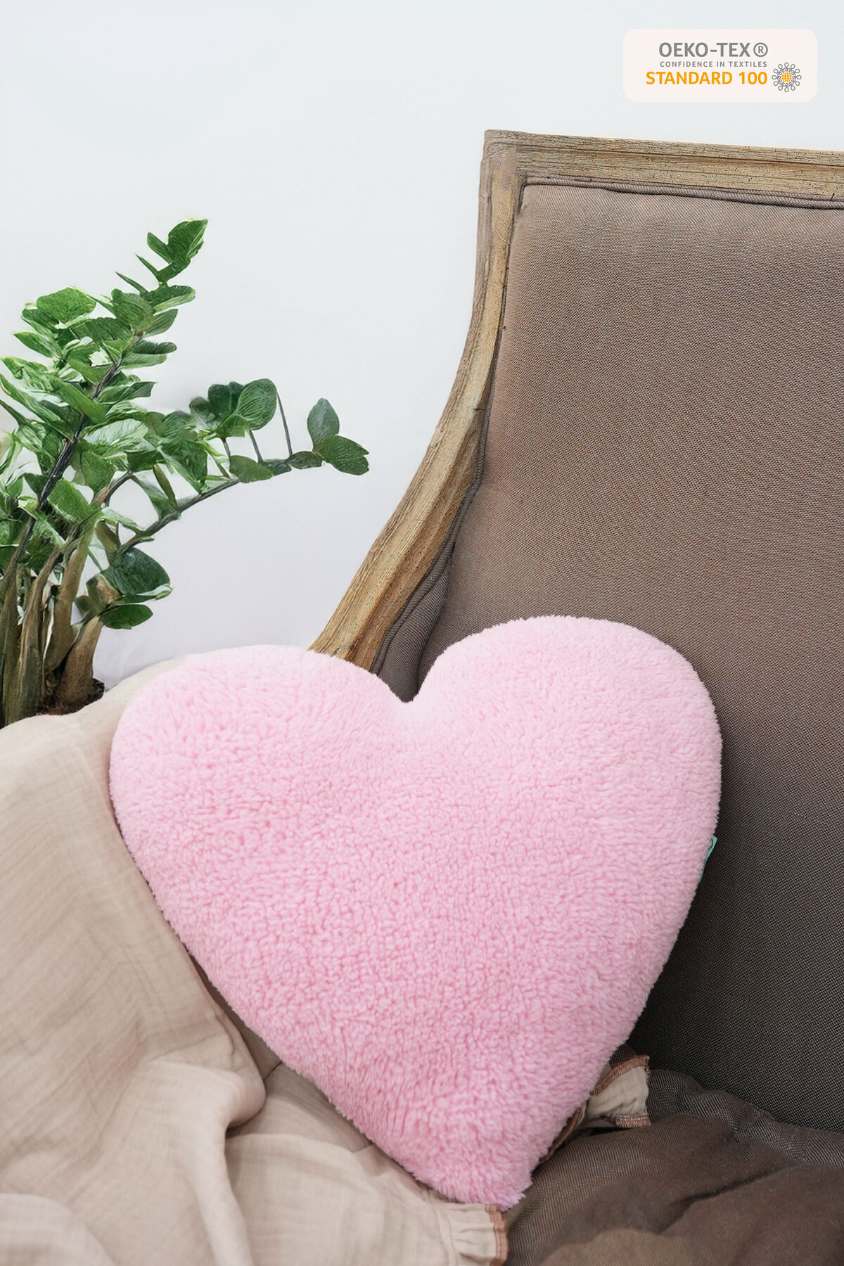 Mordesign Dekoratif Peluş Yastık, Teddy Kumaş Kalp Yastık, Süper Yumuşak Ka