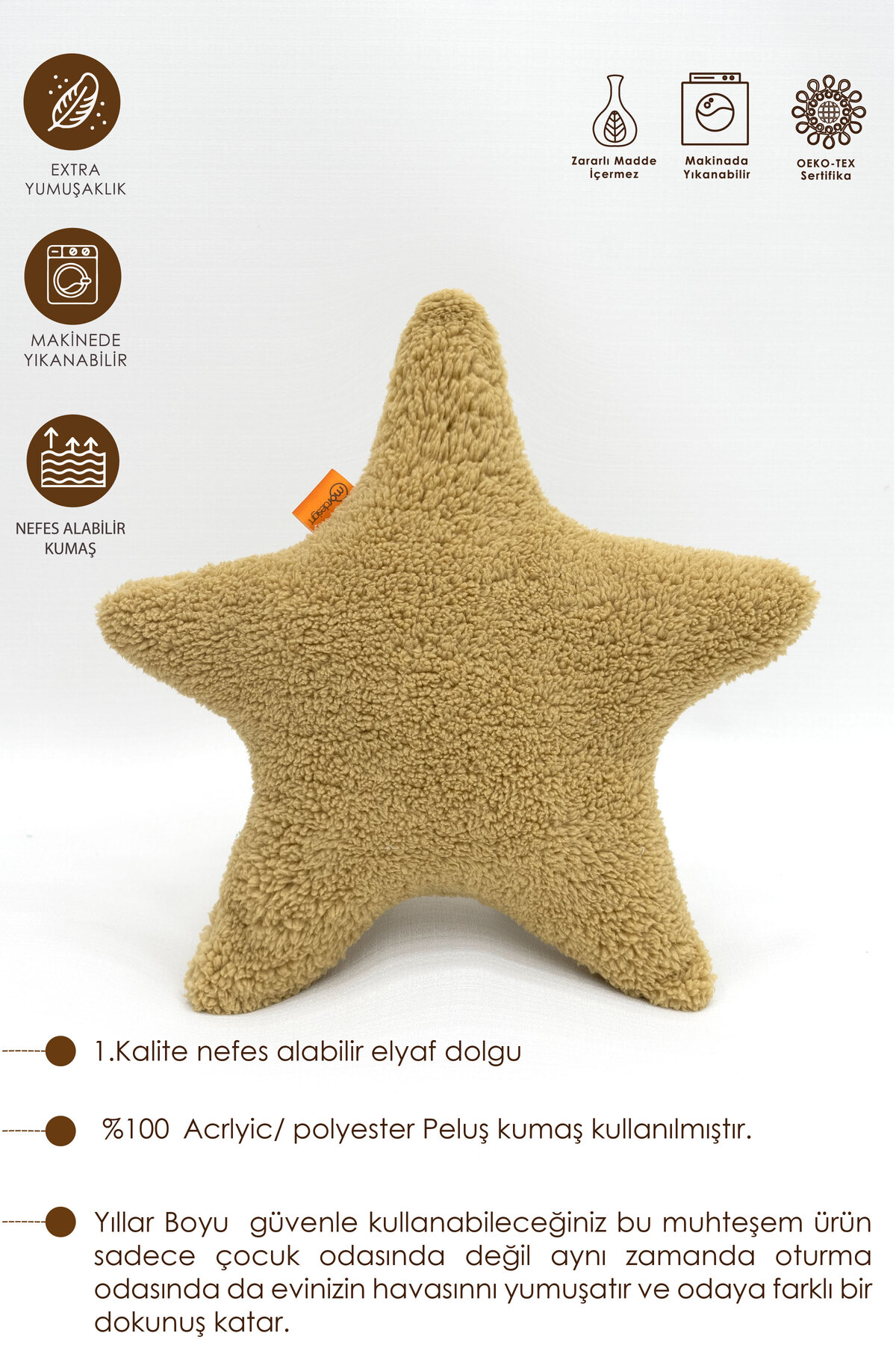 Mordesign Dekoratif Peluş Yastik, Teddy Kumaş Yastik, Süper Kabarik Yildiz