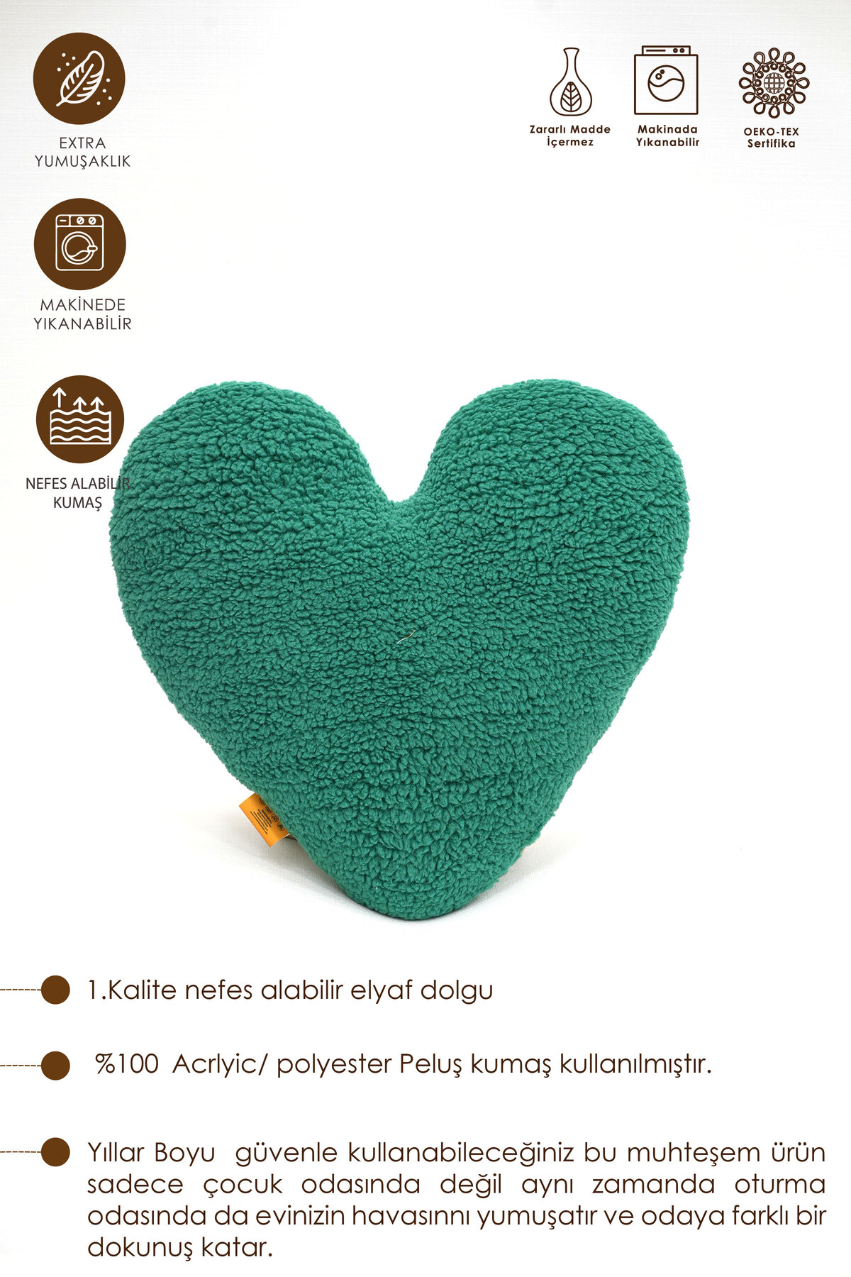 Mordesign Dekoratif Peluş Yastık, Teddy Kumaş Kalp Yastık, Süper Yumuşak Ka