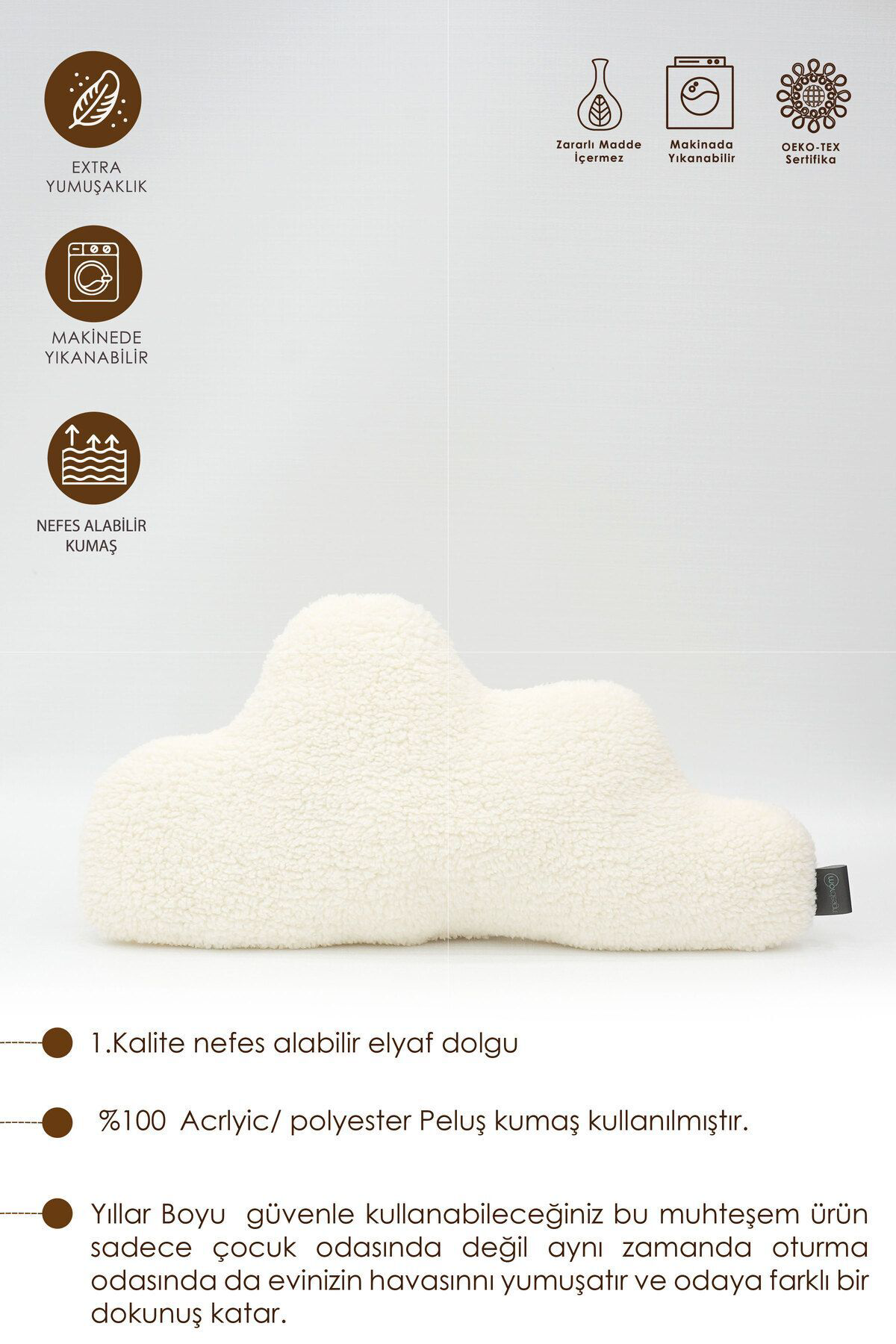 Mordesign Dekoratif Peluş Yastik, Teddy Kumaş Bulut Yastik, Süper Kabarik B