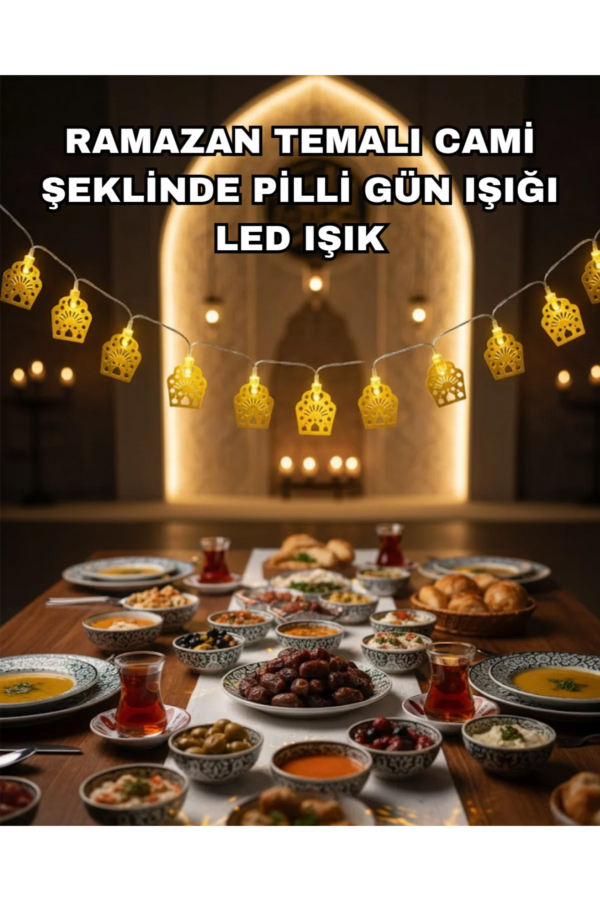 Dekoratif Ramazan LED Işık Pilli Cami Tasarımlı Zincir Aydınlatma