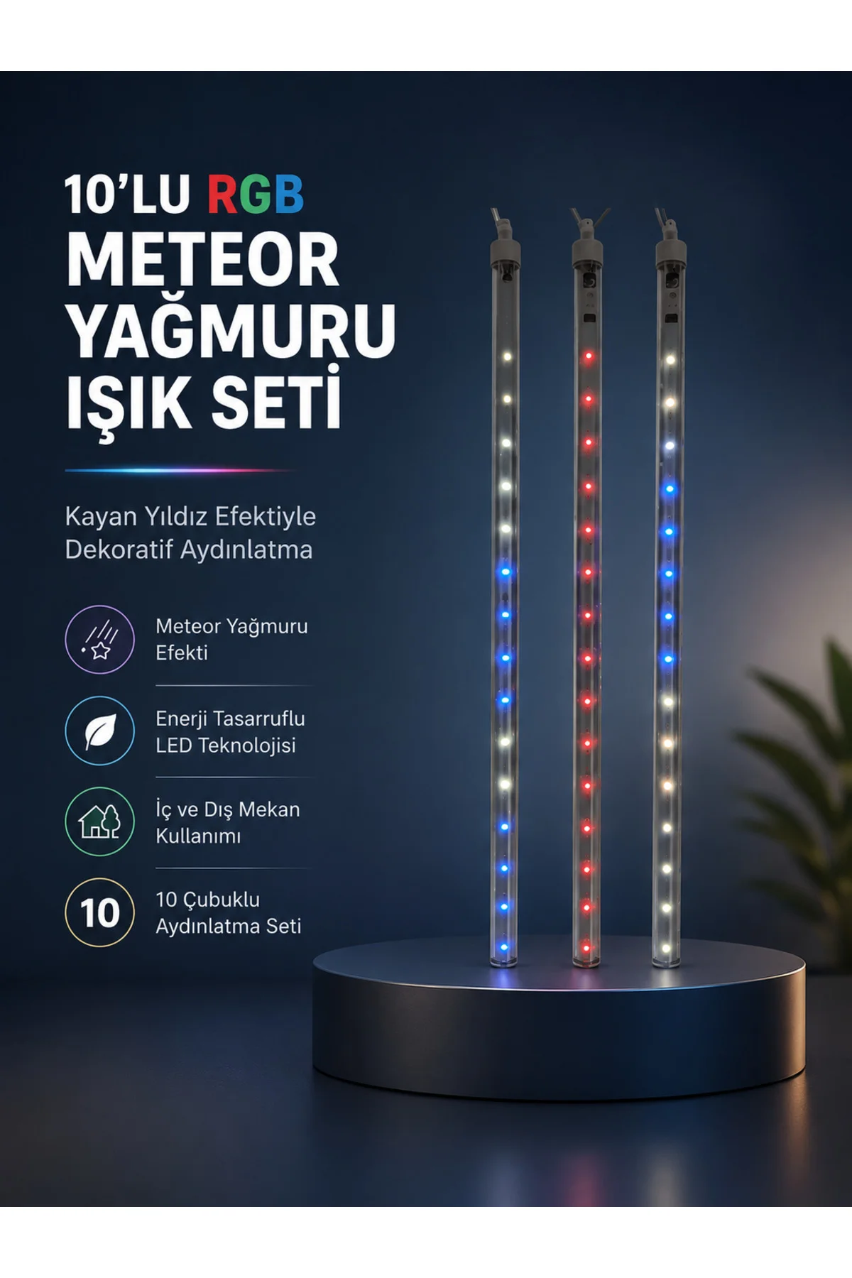 Dekoratif RGB LED Işık Çubuğu Seti 10 Adet Çubuk Kayan Yıldız Efe