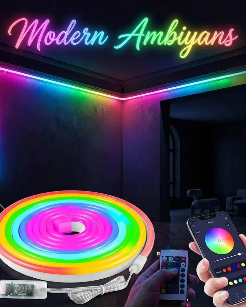 Dekoratif Rgb Led Şerit Neon Işık 3 Metre Su Geçirmez Uzaktan Kumandalı Ortam Aydınlatması - Lisinya