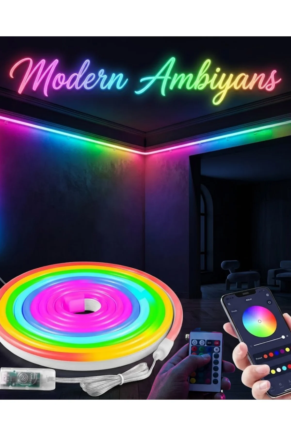 Dekoratif RGB LED Şerit Neon Işık 3 Metre Su Geçirmez Uzaktan Kum