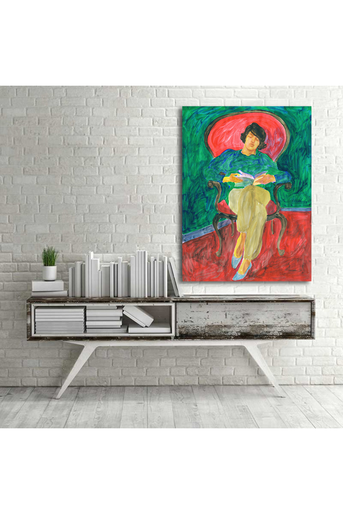 Korkmazkanvas Dekoratif Sandalye'de Kitap Okuyan Kadın. Kanvas Tablo