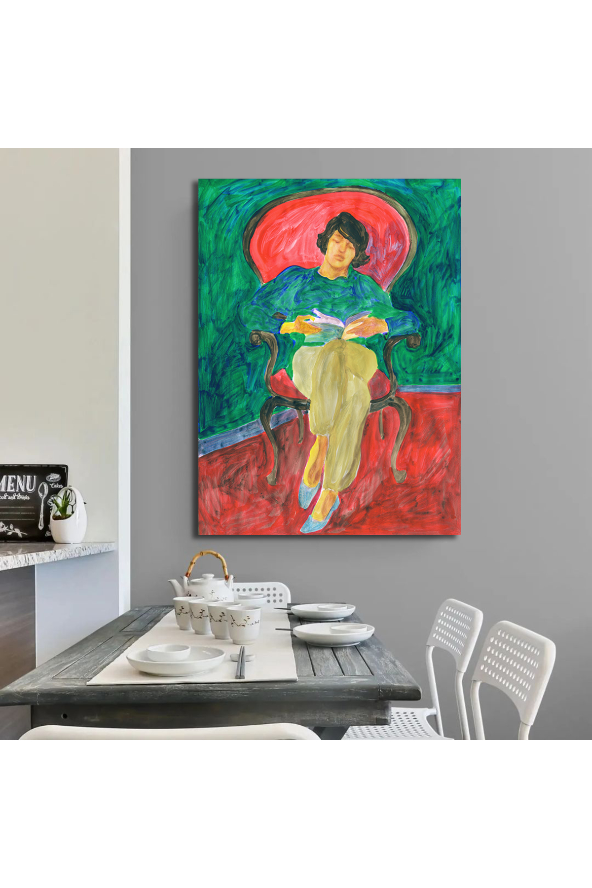 Korkmazkanvas Dekoratif Sandalye'de Kitap Okuyan Kadın. Kanvas Tablo