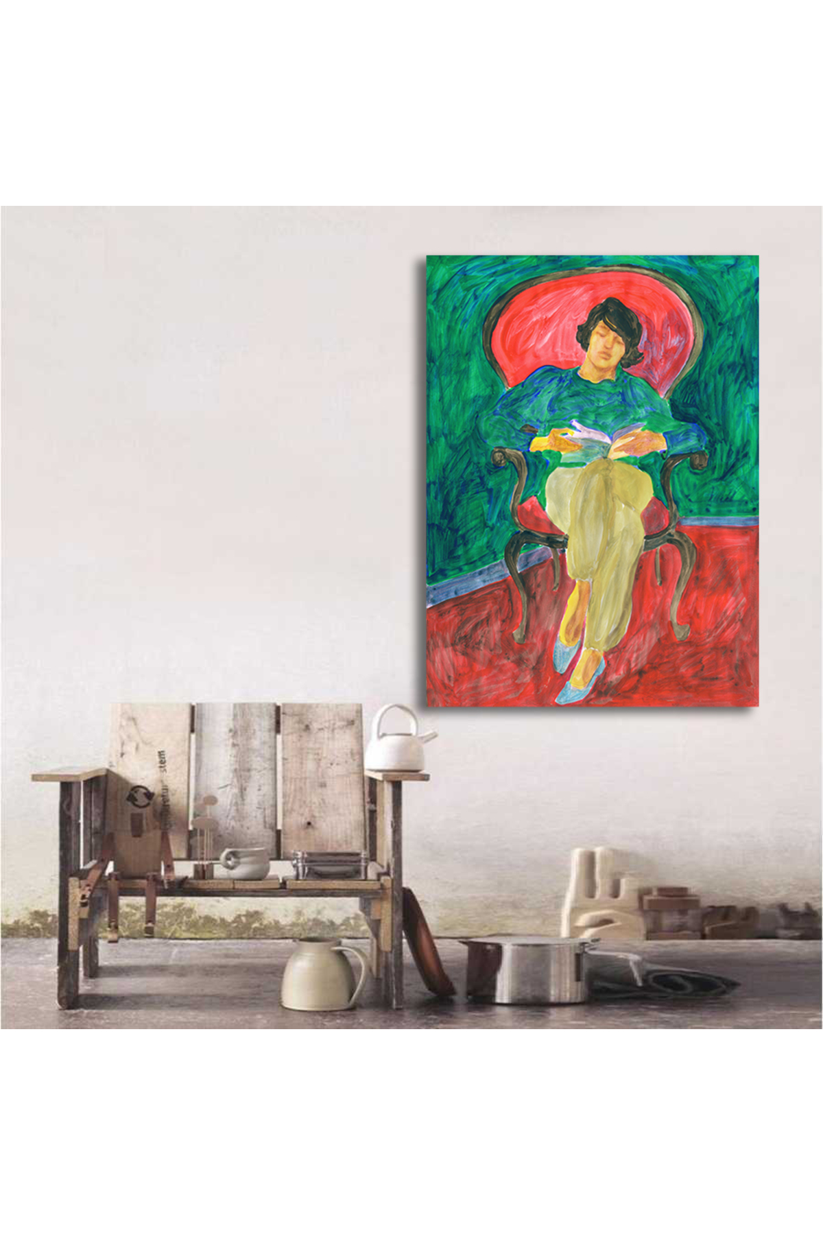 Korkmazkanvas Dekoratif Sandalye'de Kitap Okuyan Kadın. Kanvas Tablo