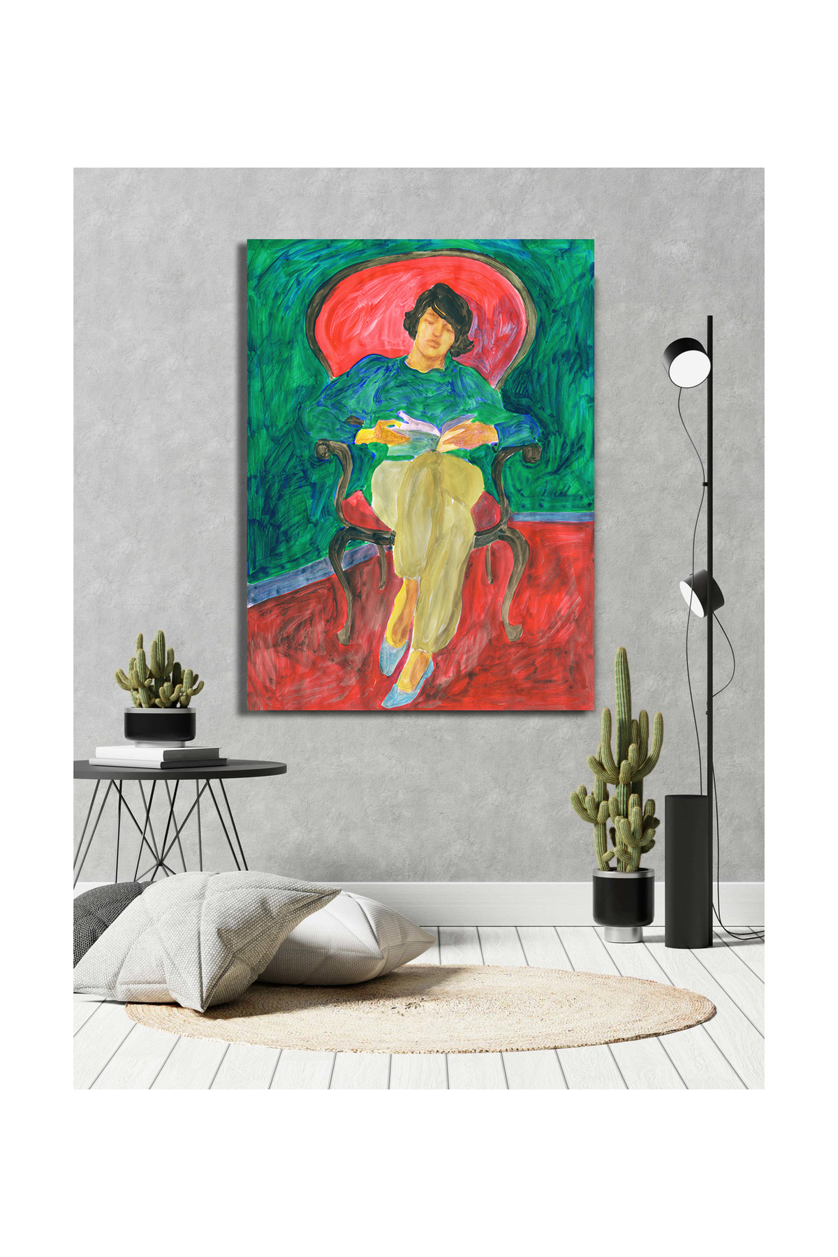 Korkmazkanvas Dekoratif Sandalye'de Kitap Okuyan Kadın. Kanvas Tablo