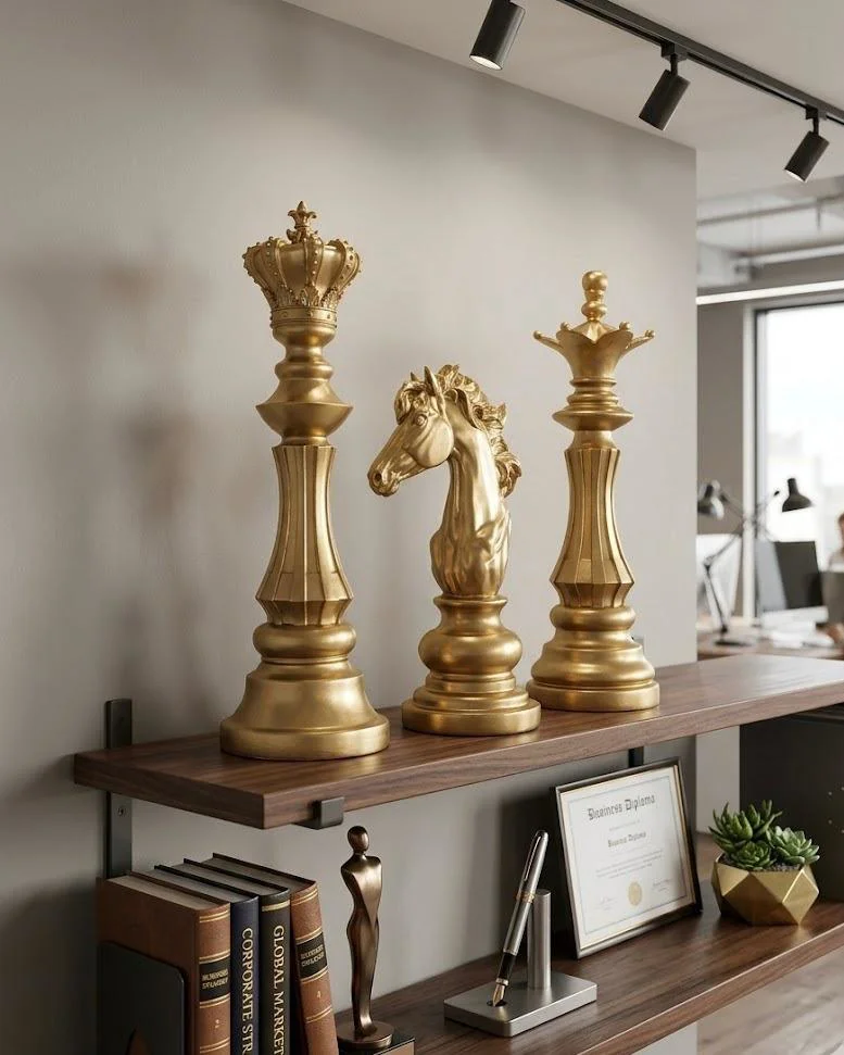 Dekoratif Satranç Takımı Şah Vezir At Gold 3 Lü Biblo