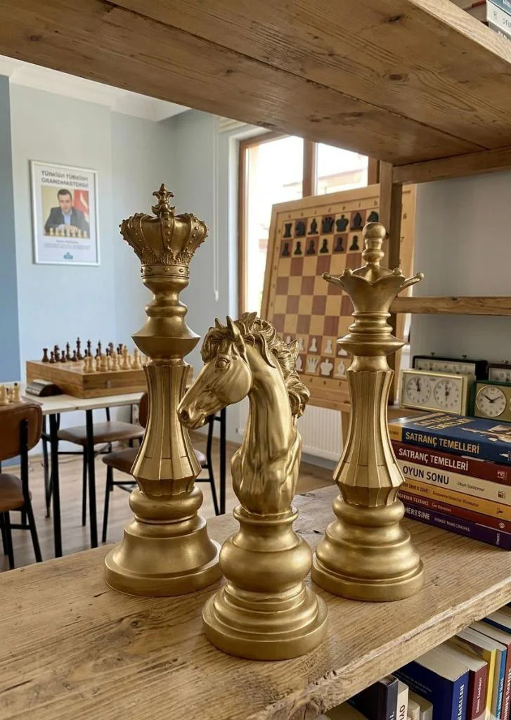 Dekoratif Satranç Takımı Şah Vezir At Gold 3 Lü Biblo