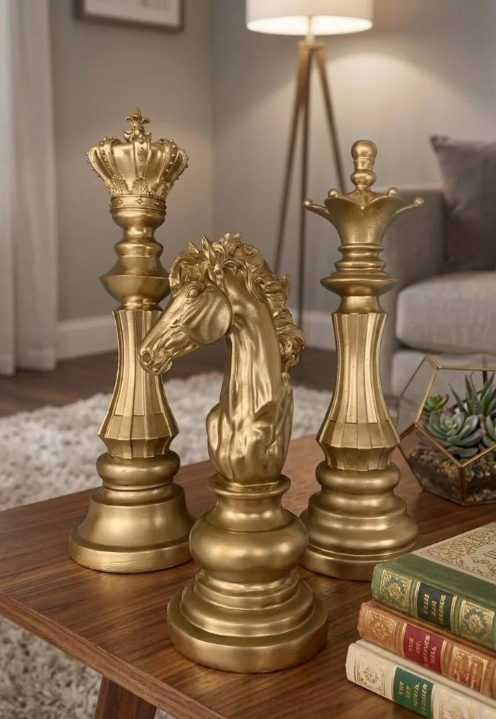 Dekoratif Satranç Takımı Şah Vezir At Gold 3 Lü Biblo