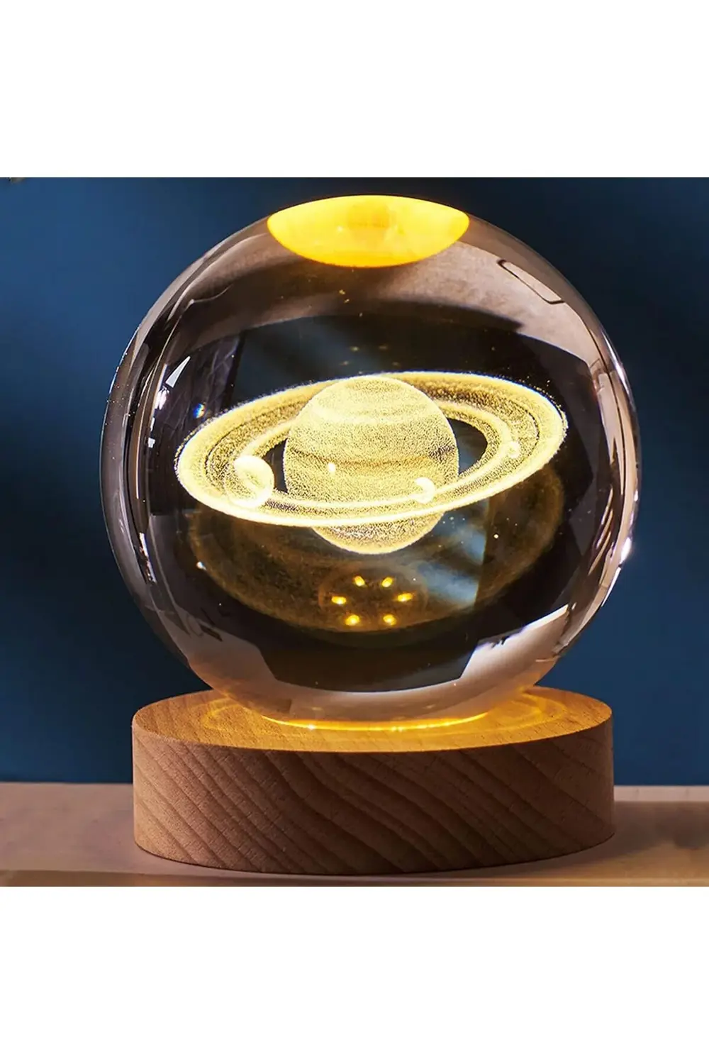 Dekoratif Satürn Tasarımlı Ahşap Altlıklı Işıklı Cam küre Cam:6cm