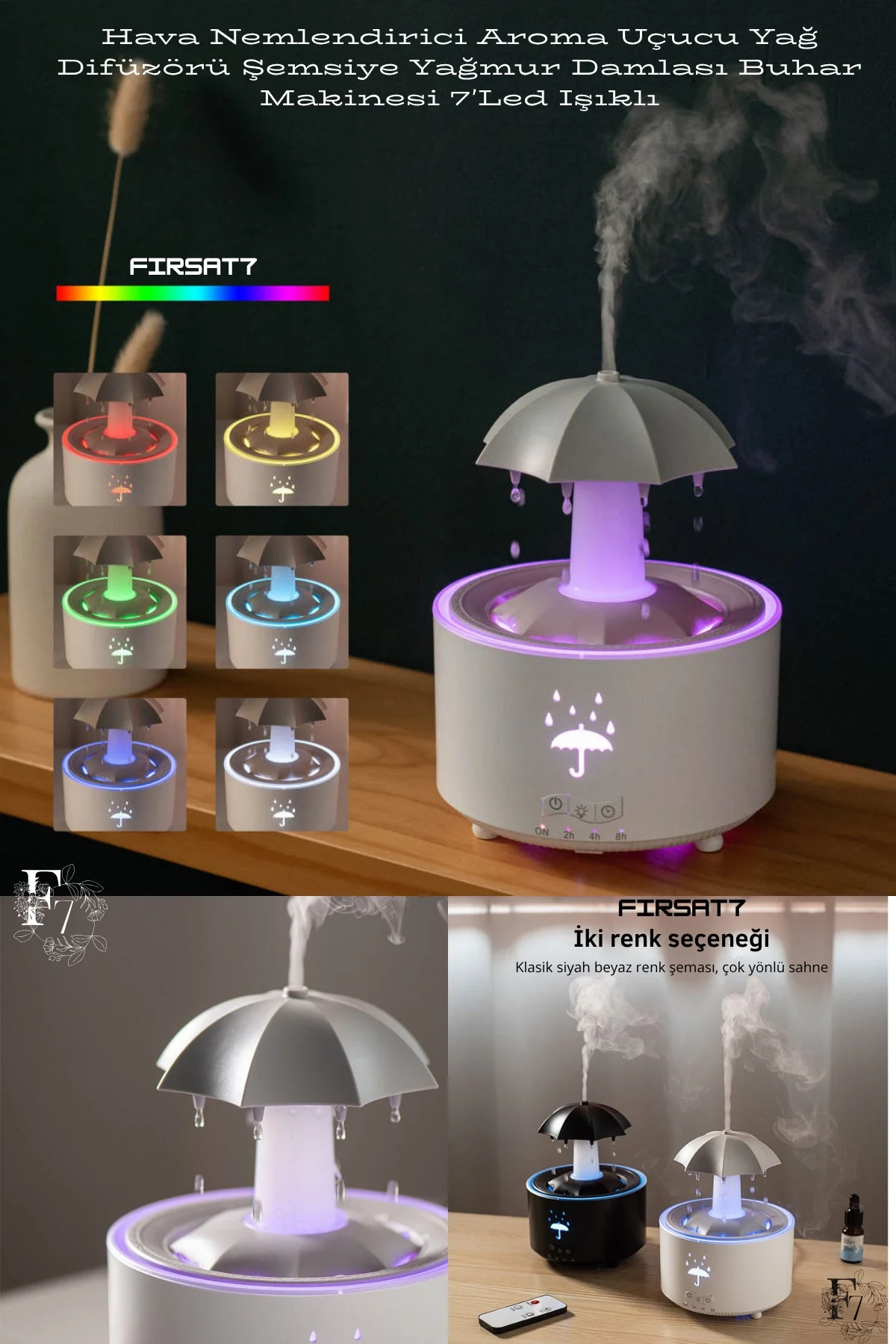 Dekoratif Şemsiye Tasarımlı Soğuk Buhar Aroma Difüzörü ve Hava Nemlendirici, 7 Renkli LED Işıklı