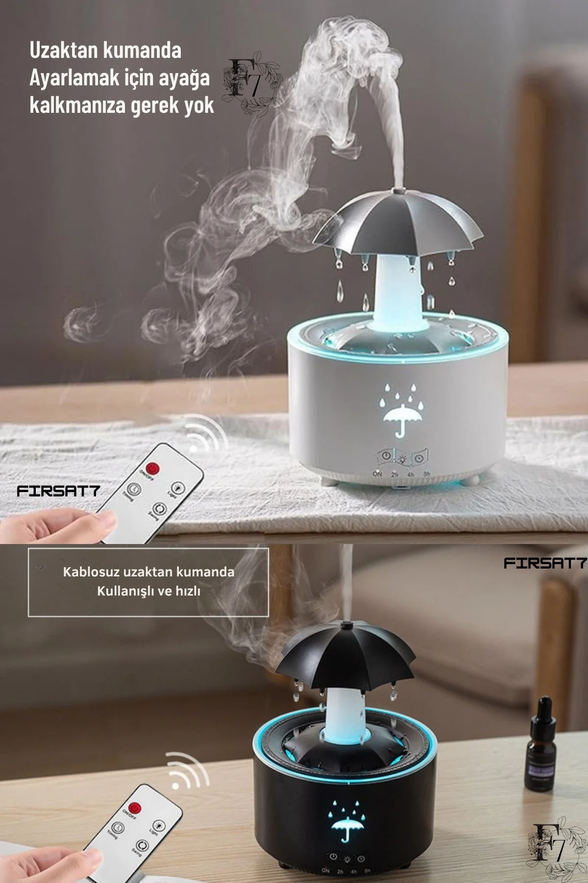 Dekoratif Şemsiye Tasarımlı Soğuk Buhar Aroma Difüzörü ve Hava Nemlendirici, 7 Renkli LED Işıklı
