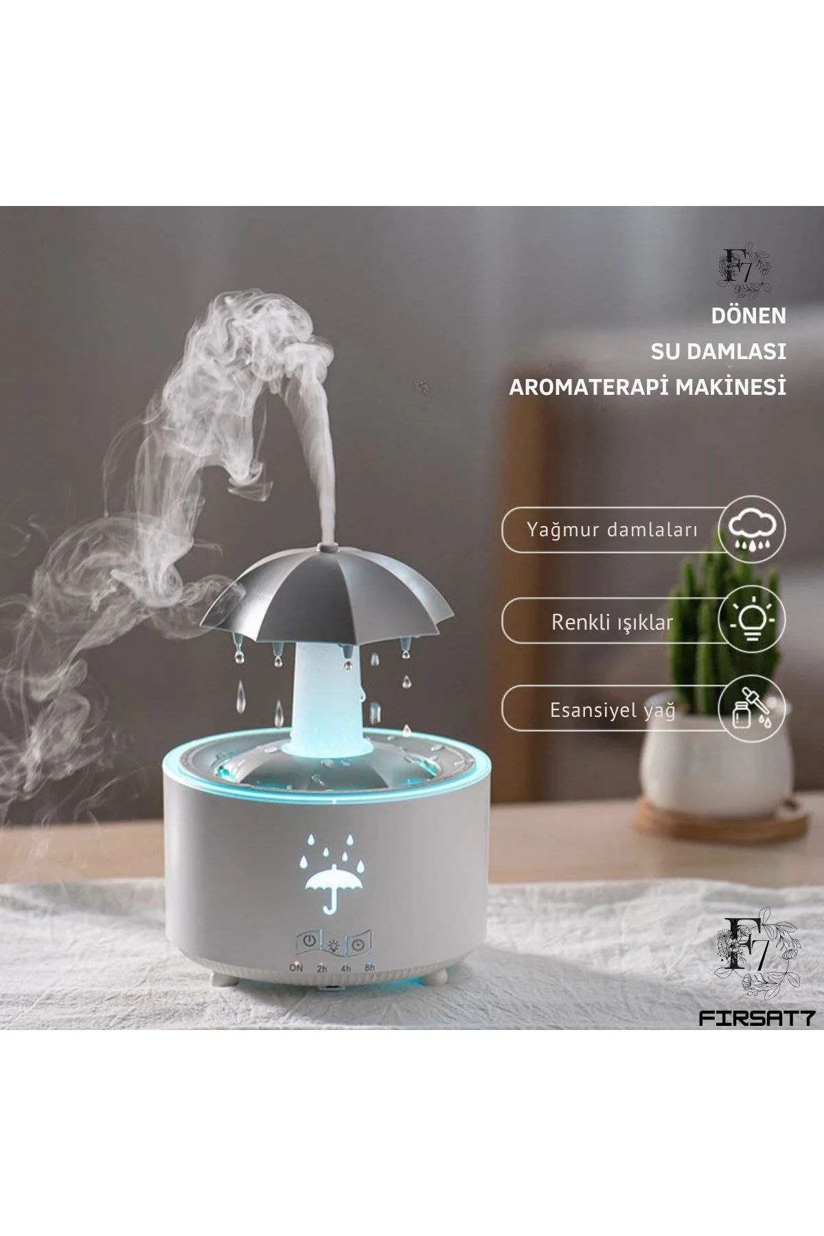 Dekoratif Şemsiye Tasarımlı Soğuk Buhar Aroma Difüzörü ve Hava Nemlendirici, 7 Renkli LED Işıklı