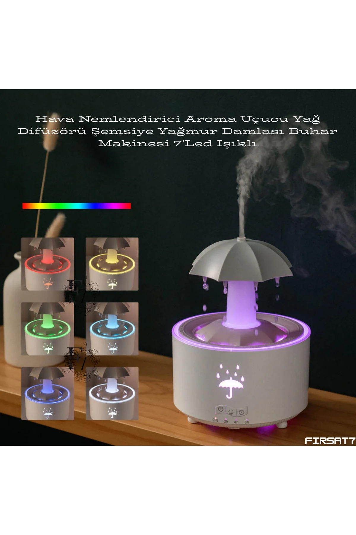 Dekoratif Şemsiye Tasarımlı Soğuk Buhar Aroma Difüzörü ve Hava Nemlendirici, 7 Renkli LED Işıklı