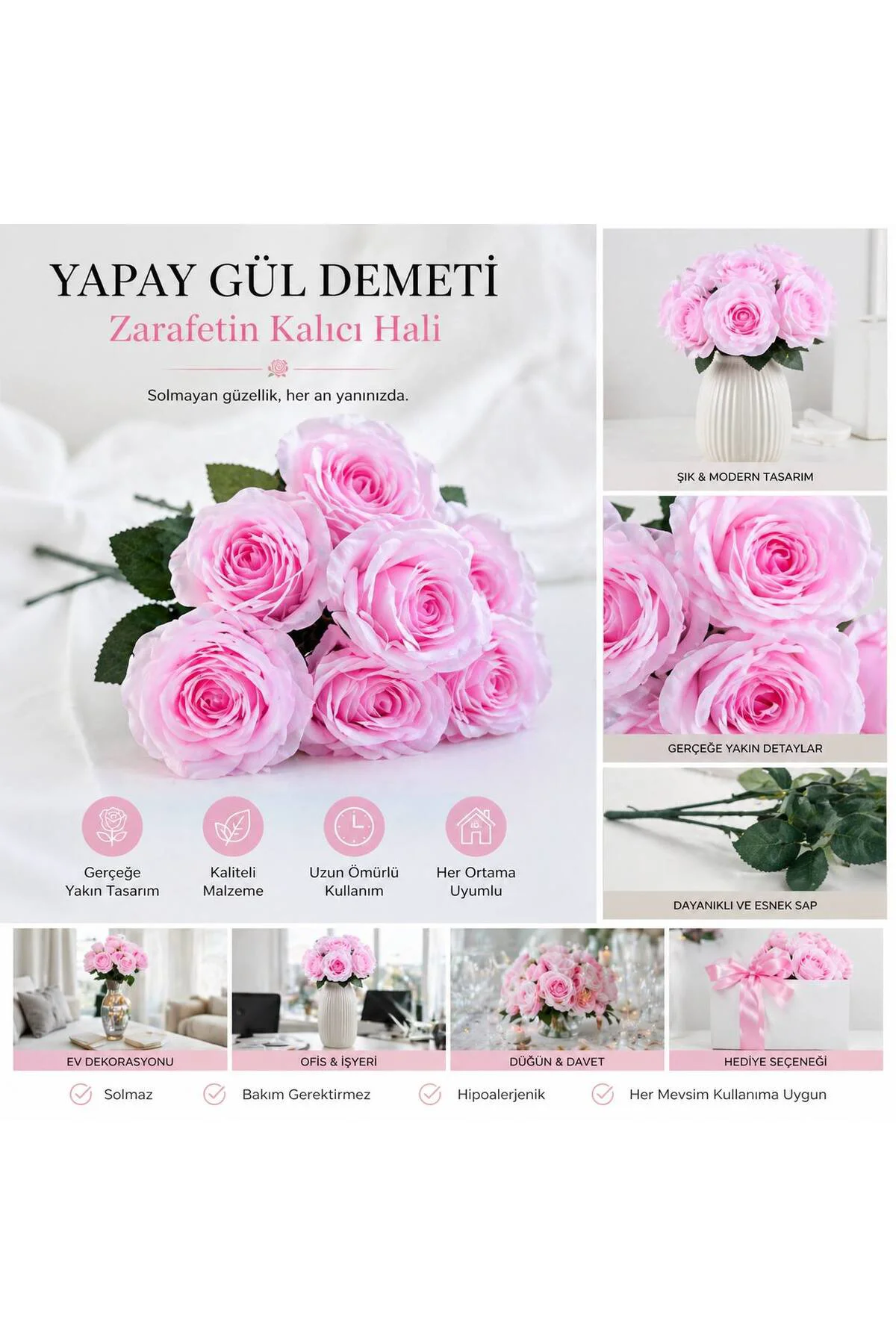 Dekoratif Şık Tasarım Solmayan Pembe Yapay Gül Demeti