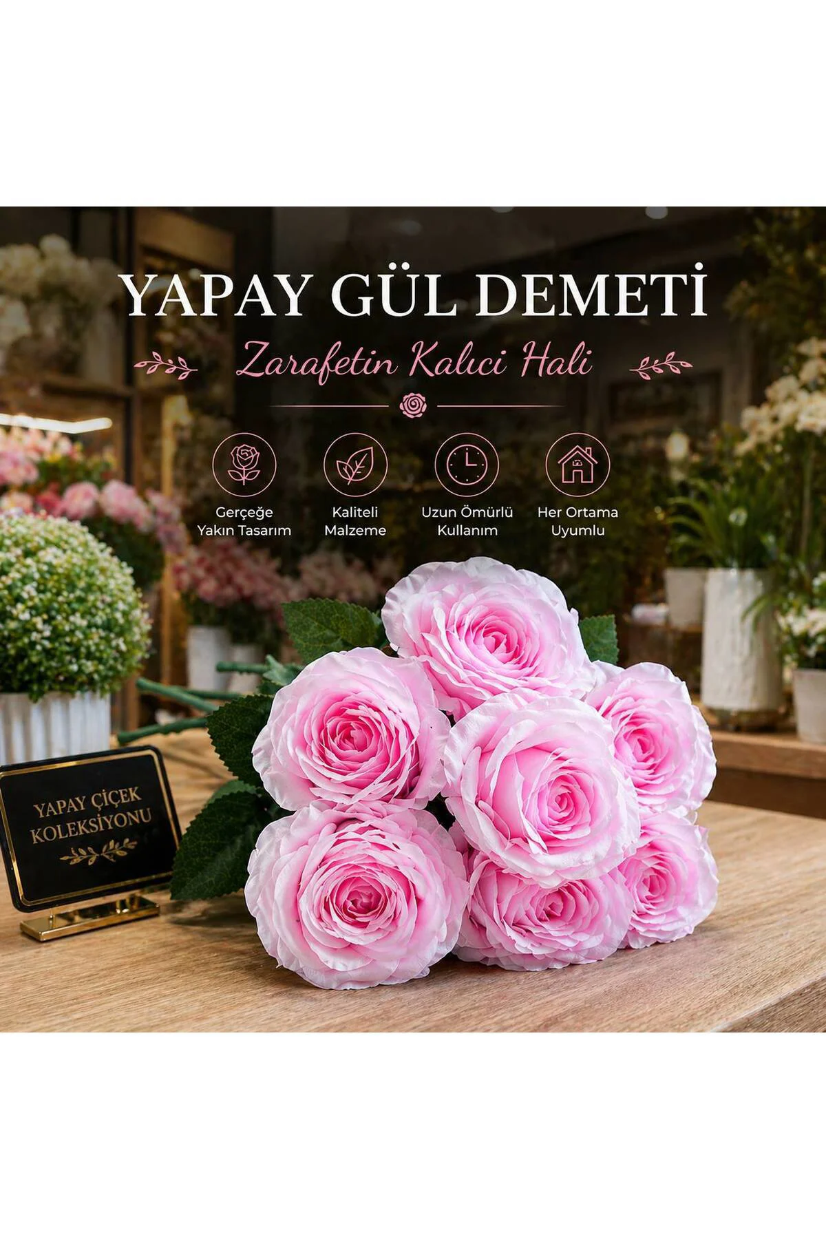 Dekoratif Şık Tasarım Solmayan Pembe Yapay Gül Demeti