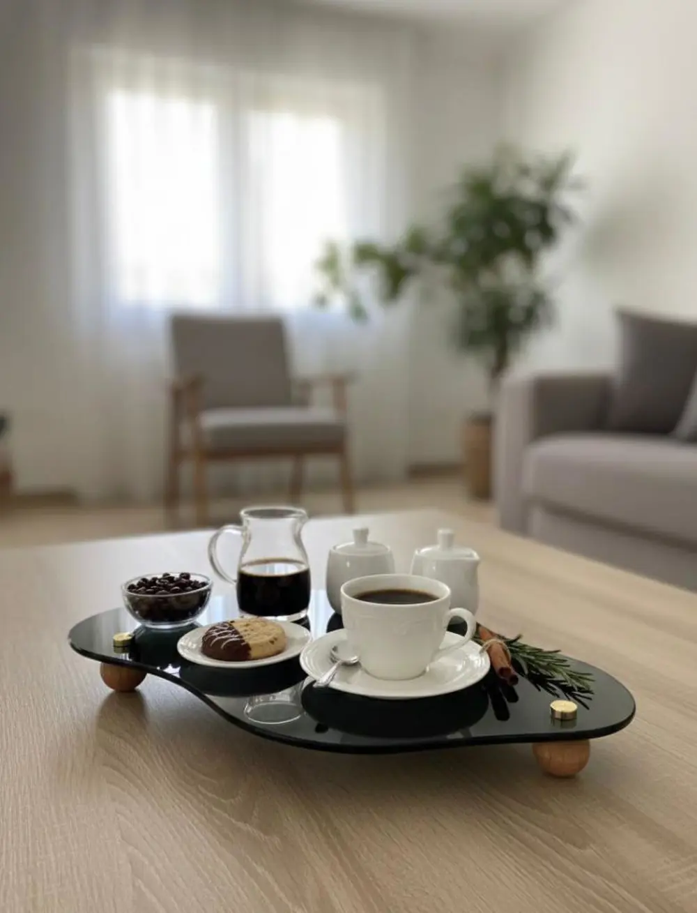 Dekoratif Siyah Cam Ahşap Ayaklı Pasta Tabağı kahve sunumu  Kahva