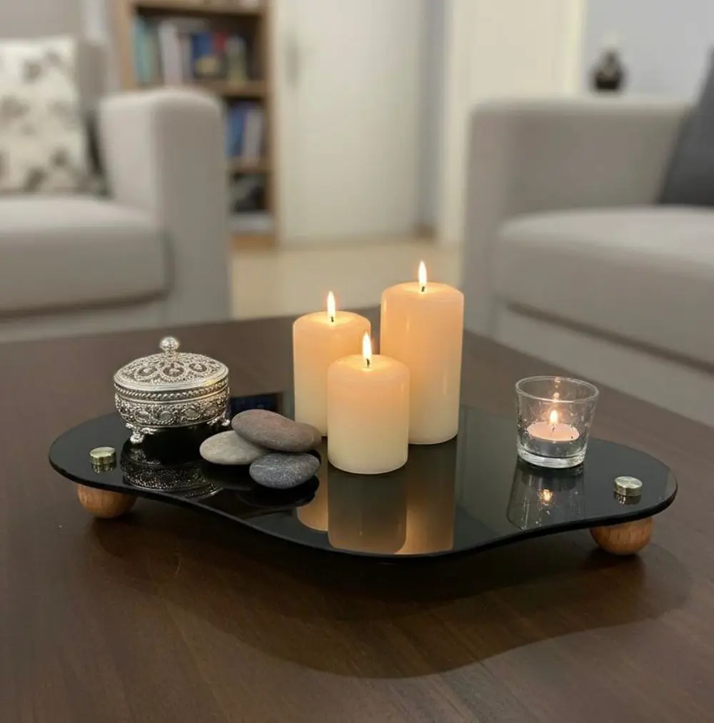 Dekoratif Siyah Cam Organizer Banyo Sehpa Üstü Makyaj Organizeri 