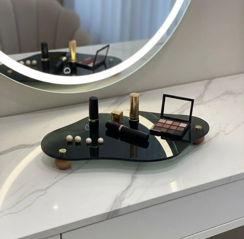 Dekoratif Siyah Cam Organizer Banyo Sehpa Üstü Makyaj Organizeri 
