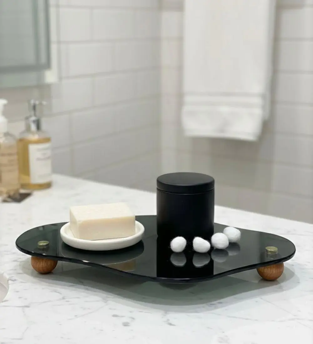 Dekoratif Siyah Cam Organizer Banyo Sehpa Üstü Makyaj Organizeri 