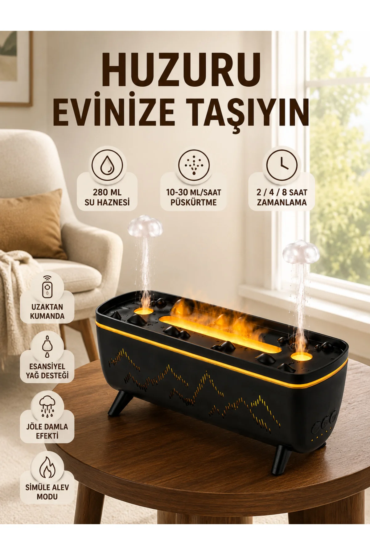 Dekoratif Siyah Hava Nemlendirici Jöle Damla ve Alev Efektli LED Işıklı Aroma Difüzörü - Görsel 2