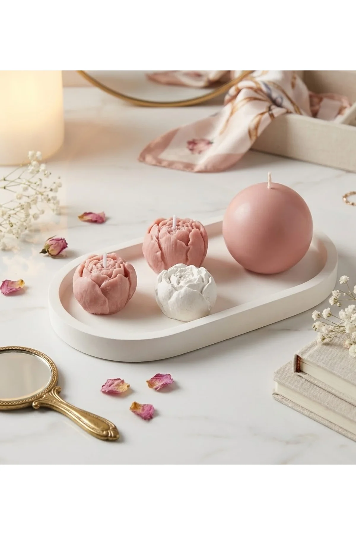 Dekoratif Tabaklı Soya Mum & Koku Taşı Seti (pudra pembe)