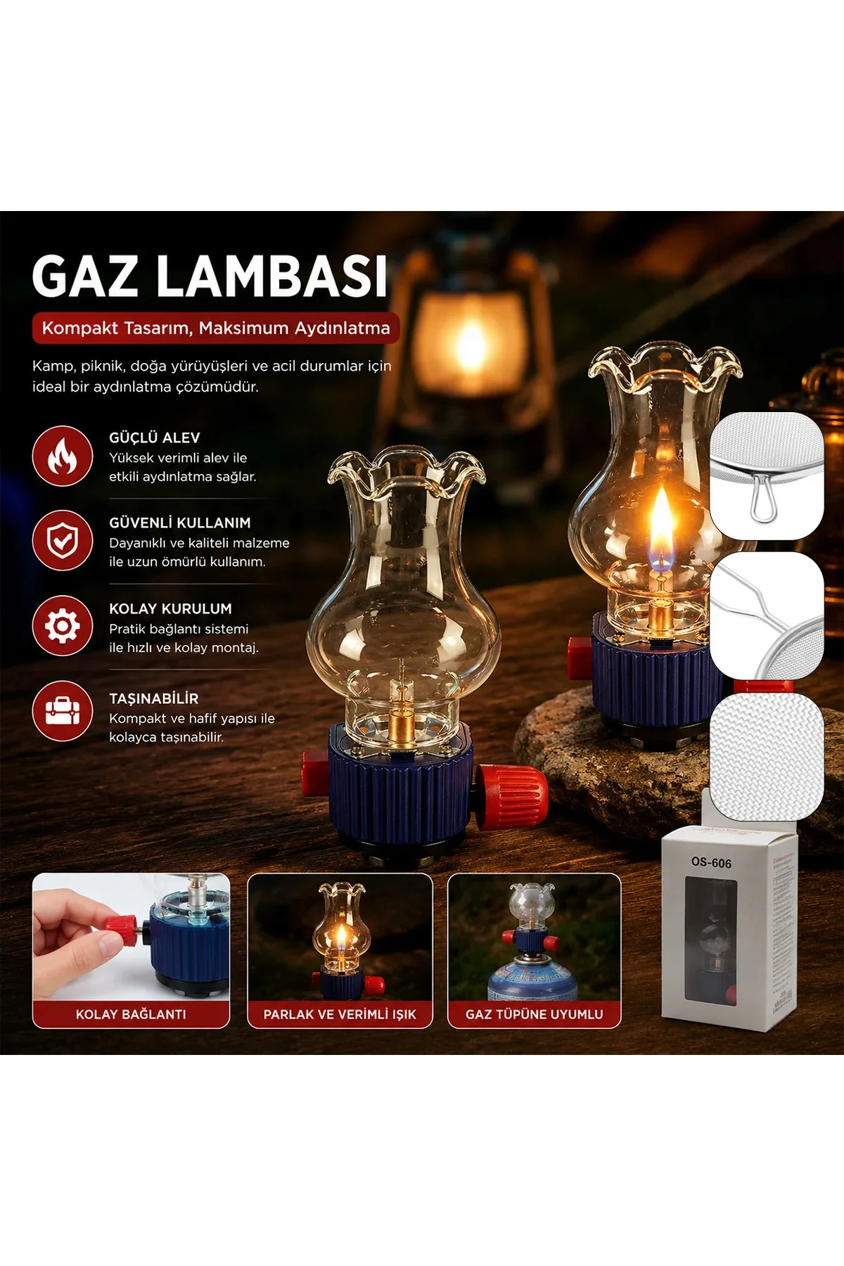 Dekoratif Taşınabilir Gaz Lambası - Cam Hazneli, Gaz Kartuş Uyumlu Dekoratif Taşınabilir Gaz Lambası - Cam Hazneli, Gaz Kartuş Uyumlu