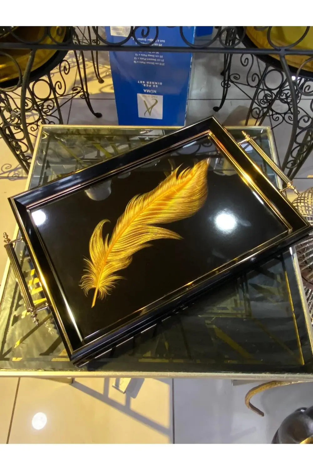 Dekoratif Tek Tüy Desen Lüks Ahşap Tepsi