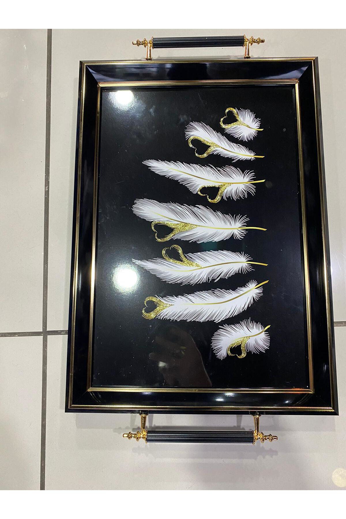 Elif Aksesuar Dekoratif Tüy Desen Lüks Ahşap Tepsi