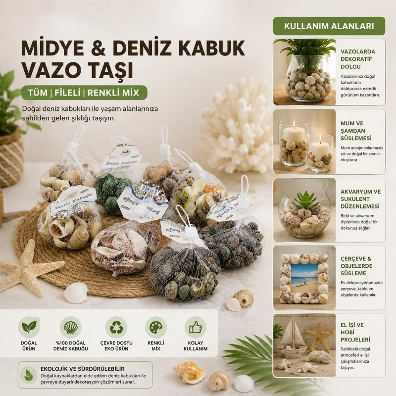 Dekoratif Vazo Taşı - Midye ve Deniz Kabuğu - Fileli Renkli Mix Fiyatı, Yorumları ve Özellikleri