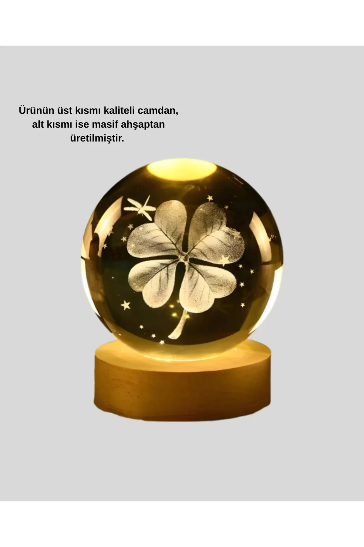 Dekoratif Yonca Görünümlü Işıklı Kristal Cam Küre Usb Masa Gece Lambası