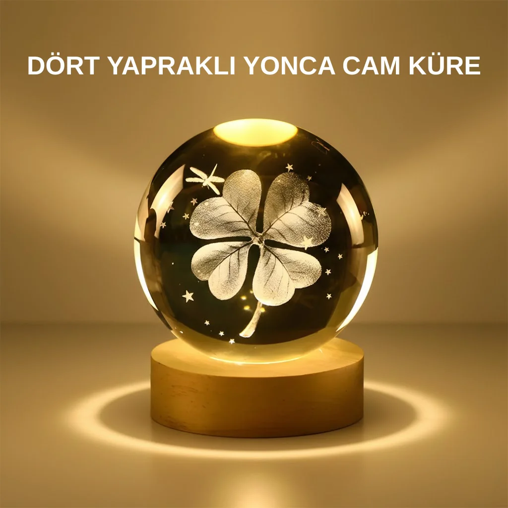 Dekoratif Yonca Görünümlü Işıklı Kristal Cam Küre Usb Masa Gece Lambası - Lisinya Diğer