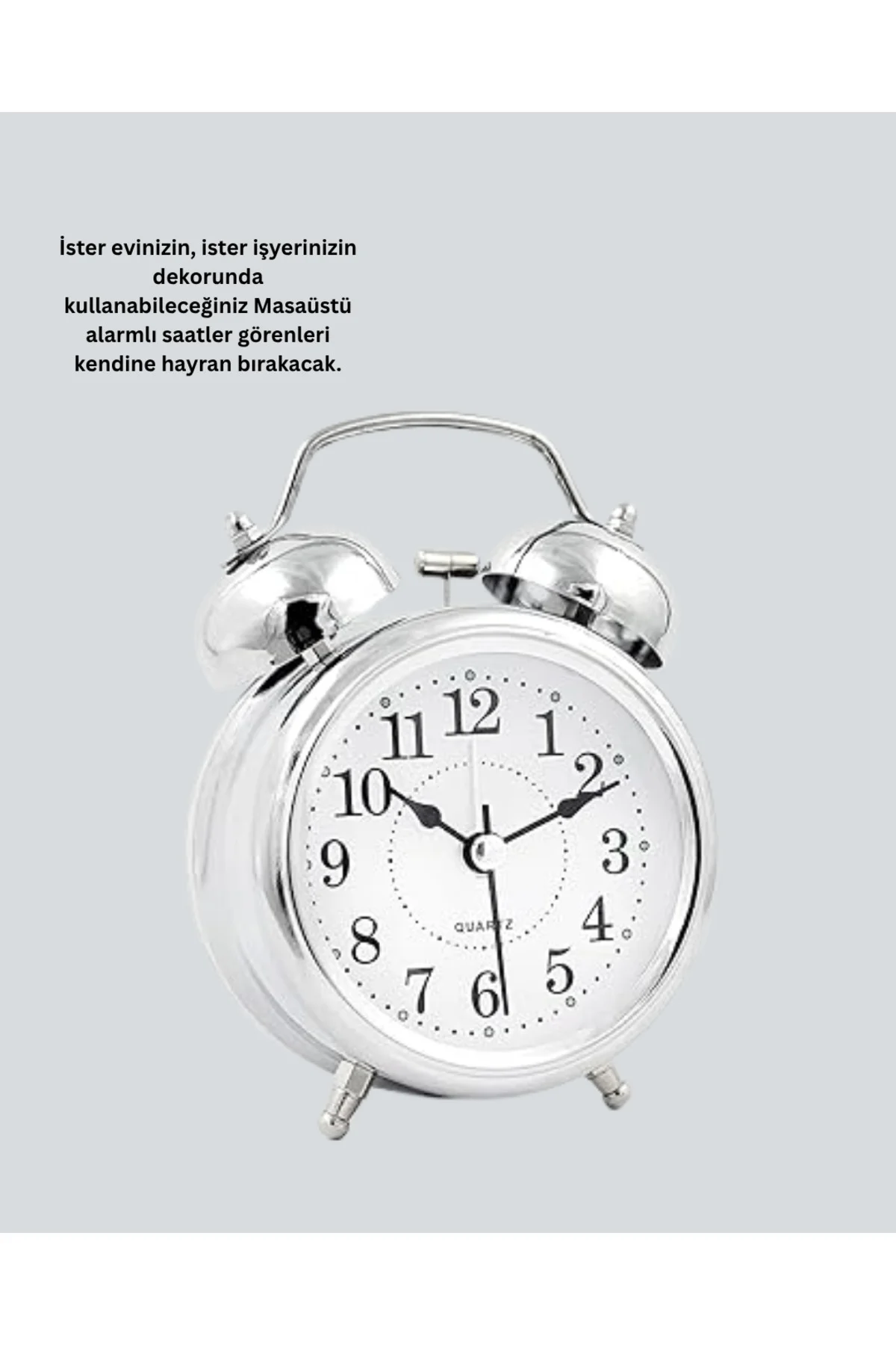 Dekoratif Yuvarlak Gümüş Sessiz Işıklı Masa Üstü Çalar Saat Alarmlı Ve Şık Tasarım
