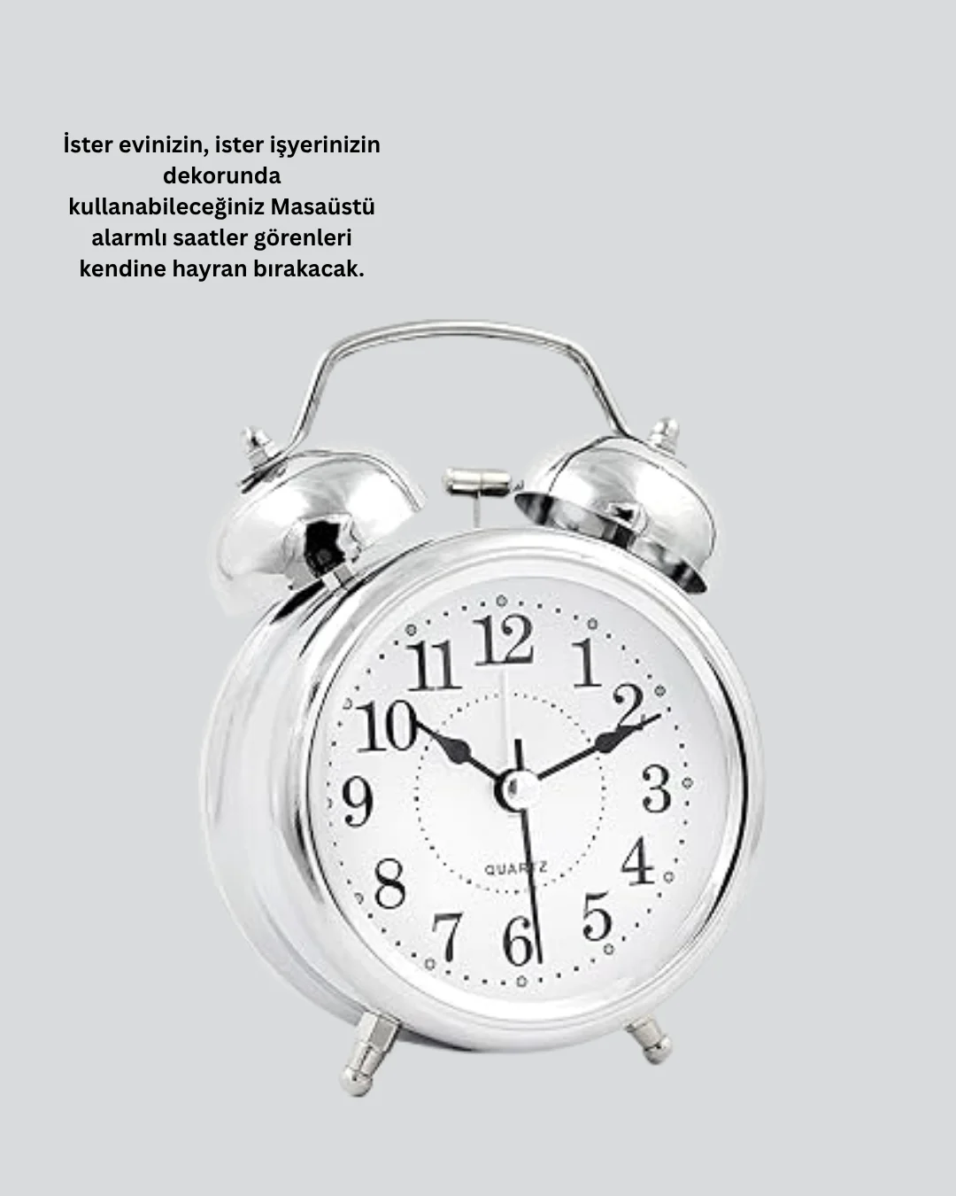 Dekoratif Yuvarlak Gümüş Sessiz Işıklı Masa Üstü Çalar Saat Alarmlı ve Şık Tasarım