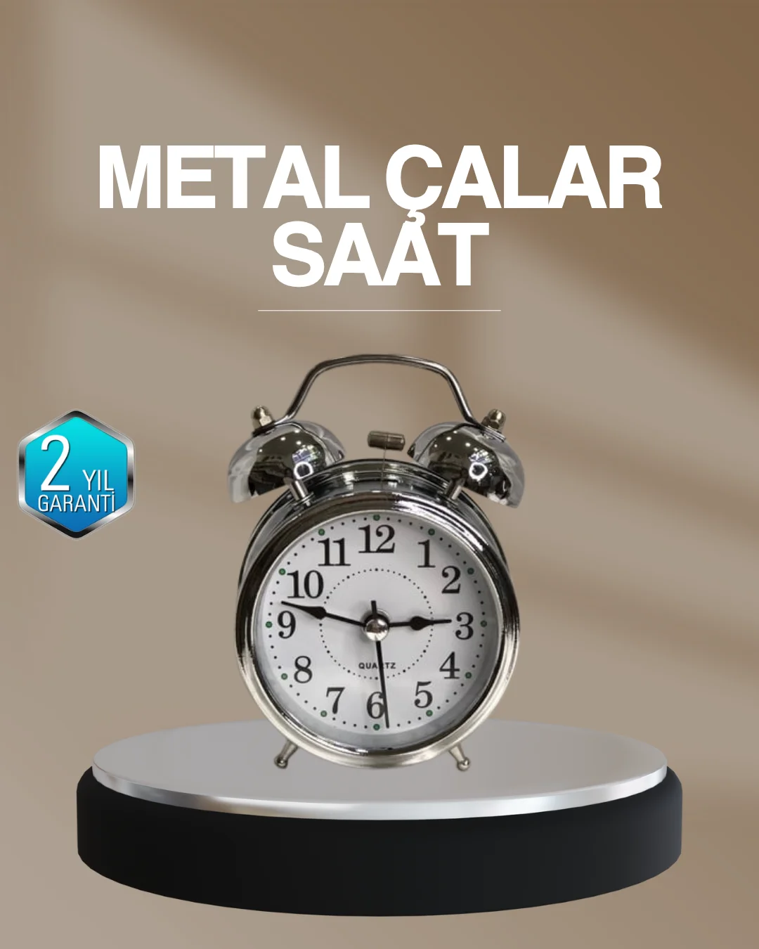 Dekoratif Yuvarlak Gümüş Sessiz Işıklı Masa Üstü Çalar Saat Alarmlı ve Şık Tasarım