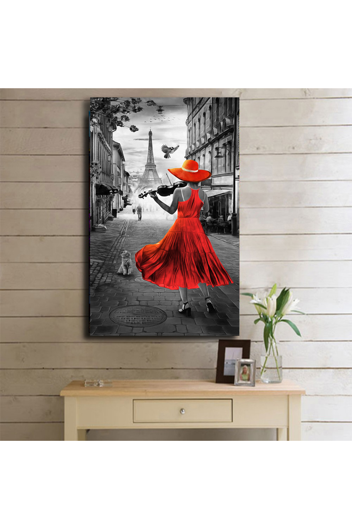 Korkmazkanvas Dekoratif.Paris’Te Gün Batımında Eyfel Kulesi İle Keman Çalan Bir